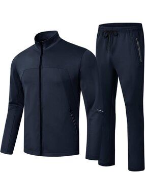 Men's 2 Piece Suit Dark Blue Slant Pocket Long Sleeve Sweatsuits Full Zip Sets